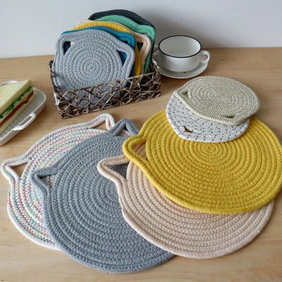 1Pc 30cm Cotton Woven Coaster Cat Ears Shape Hanging Placemat Dining Table Plate Dish Mat Kitchen Cup Pot Holder Insulation Pad