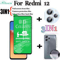 BLKNAIM ฟิล์มเซรามิกใสแบบ3อิน1,สำหรับ Redmi 12แบบเต็มจอ + ฟิล์มป้องกันกล้อง + คาร์บอนไฟเบอร์3D มาสก์หน้าด้านหลัง