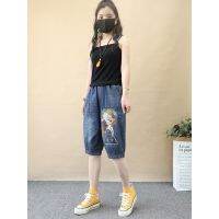 Retro Ethnic Style Cartoon Girls Embroidered Jeans Womens Summer Loose Casual Strap 5/4 Middle Pants Thin Womens Style