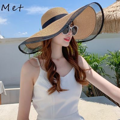 【CC】S09 Straw hat Summer New Style Black Mesh Female Summer Sunscreen Cover Seaside Vacation Holiday Foldable Beach Hat Sun Visor