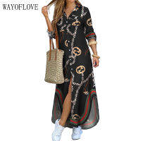 WAYOFLOVE New Spring Autumn Long Sleeve Woman Long Dress Vintage Button Holiday Casual Vestids Elegant Chain Print Shirt Dresses