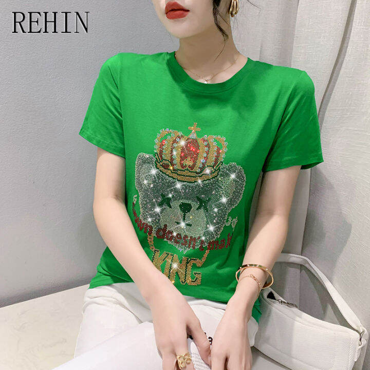 rehin-เสื้อยืดแขนสั้นผู้หญิง-ดีไซน์ใหม่การ์ตูนสว่านร้อนหลวมและย้อนยุคคอกลมเสื้อเข้ารูปพอดีลำลอง