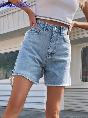【CC】✿﹍☈  Denimcolab 2023 New Fashion Raw Hem Denim Shorts Woman Waist With Cotton Straight Jeans Ladies Hot