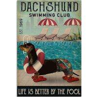 Nostalgic Dachshund Swimming Club ป้ายดีบุก,ตกแต่งบ้านสไตล์ย้อนยุค,ศิลปะบนผนังที่ไม่ซ้ำกันสำหรับบาร์,ผับ,คลับ,ถ้ำมนุษย์