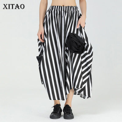 XITAO Skirt Striped Women Elastic Waist Floral Pocket Loose Skirt