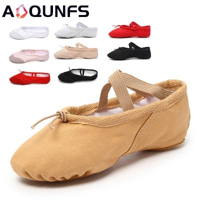 AOQUNFS รองเท้าสำหรับสวมเต้นรำพื้นรองเท้าผ้าใบนุ่มรองเท้าบัลเล่ต์เด็กผู้หญิง,ส้นเตี้ยสำหรับฝึกเต้นบัลเล่ต์สำหรับเด็ก