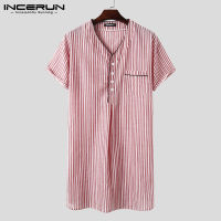 INCERUN Men Striped Nightgown Short Sleeve Sleep Robes V Neck Cotton Homewear 2022 Breathable Men Dressing Gown Cozy Bathrobes