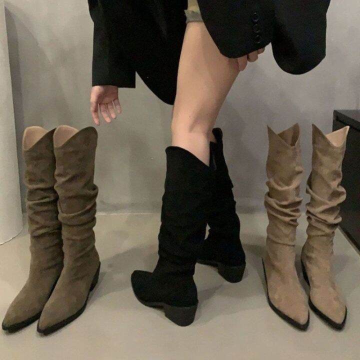French retro brown slim pile boots cowboy high women's khaki Lazada