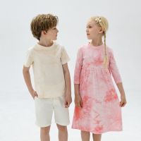 New Tie Dye Print Baby Teen Girls Midi Dresses and Boys Tops Family Matching Summer Soft Children brown Pink Clothes,#7009  by Hs2023