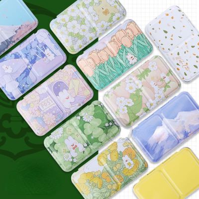 Cartoon Watercolor Pigment Packaging and Storage Iron Box with 24 2ml Small Grid Artists and Students Portable Painting Supplies