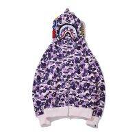 BAPE เสื้อสเวตเตอร์มีฮู้ดลายพรางสีม่วงฤดูใบไม้ร่วงและฤดูหนาวมีฮู้ดรุ่นคู่ซิปแจ็คเก็ตเสื้อคาร์ดิแกนขนาดใหญ่กำมะหยี่