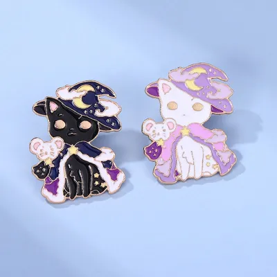 Moon Magic Cat Witch Brooch Wizard Insignia Pin Cartoon Kitty Animal Jewelry Metal Badge Clothing Accessories Enamel Pins