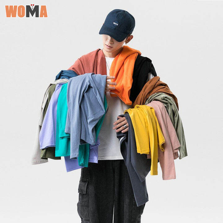 woma-เสื้อยืดแขนยาวสำหรับผู้ชาย-เสื้อชั้นในทรงหลวมผ้าคอตตอนสีพื้นสำหรับใส่เล่นกีฬา