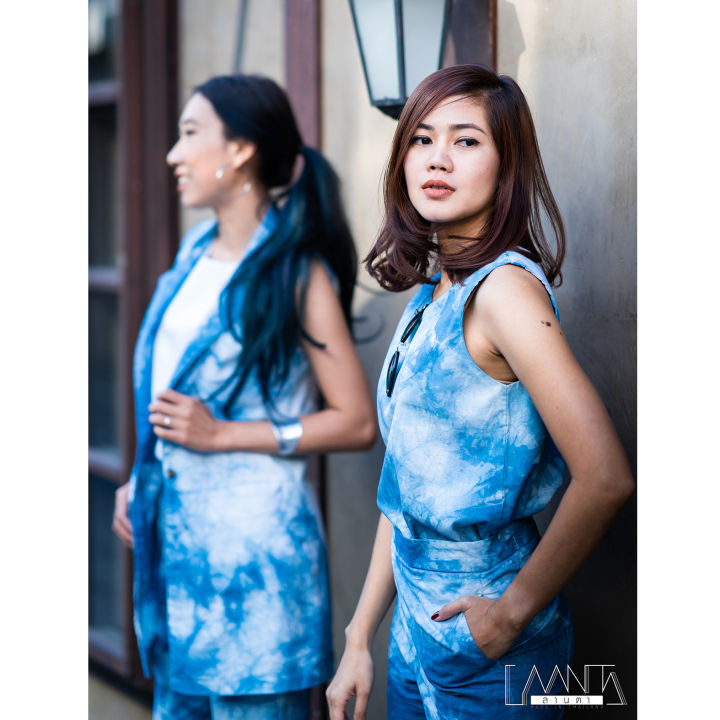 laanta-เซ็ตเสื้อเบลเซอร์แขนกุด-กางเกง-ขายแยกชิ้น-มัดย้อมคราม-indigo-tie-dye