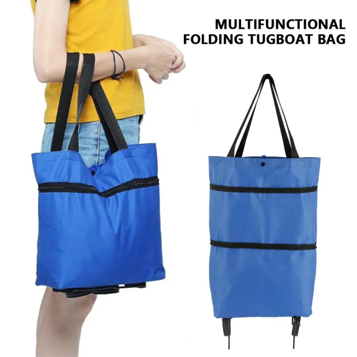 FS Portable Tote Bag Folding Shopping Cart Bag With Wheels Trolley Bags Handbag Organizer