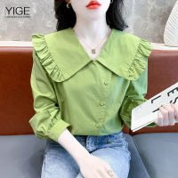 YIGE เสื้อผ้าฝ้ายแขนยาวอเนกประสงค์แฟชั่นแบบใหม่ในฤดูใบไม้ร่วงผู้หญิง,เสื้อผู้หญิงคอวีตุ๊กตาแข็ง2023เสื้อยืดสตรีอเนกประสงค์