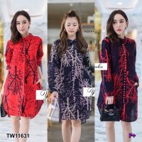 ส่งไว 1-2วันถึง 0011631 Dress เดรสเชิ้ตคอจีน แขนยาว กระดุมหน้า เนื้ผผ้าฝ้ายลายต้นไม้