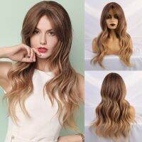 Element Long Natural Wave Hair Synthetic Ombre Blonde Brown Party Wigs with Bangs for White/Black Women Heat Resistant Fiber ของขวัญ ของขวัญ