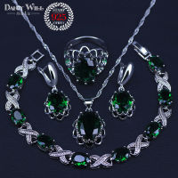 Natural silver color Jewelry Green Cubic Zirconia White Crystal Jewelry Sets For Women PendantNecklaceRingsEarringsBracelets