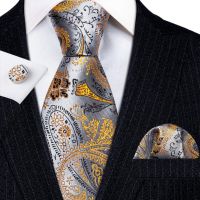 ✲ Designer Silk Tie for Mens Gold Silver Paisley Necktie Pocket Square Cufflinks Set Wedding Gift Elegant Corbatas Barry·Wang 6235