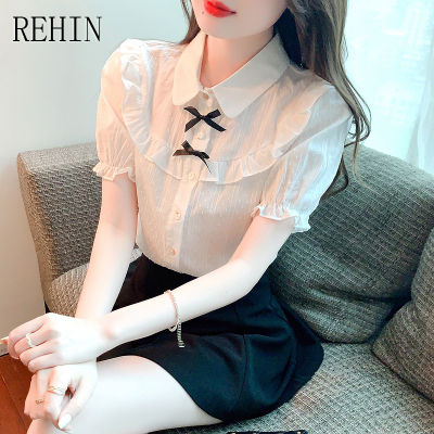 REHIN เสื้อสไตล์เกาหลีแบบใหม่แขนพองสำหรับผู้หญิง,เสื้อแขนสั้นมีโบว์ผ้าฝ้ายลดอายุหวานๆแฟชั่นฤดูร้อน