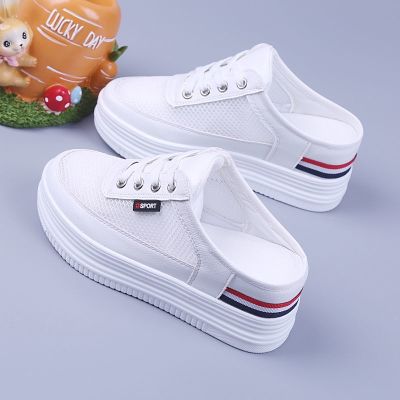 ◙ Baotou Half Slippers Womens Heightening Platform Thick-Soled Mesh Shoes 2022 Summer New Style Wedge Heel Casual Lightweight White