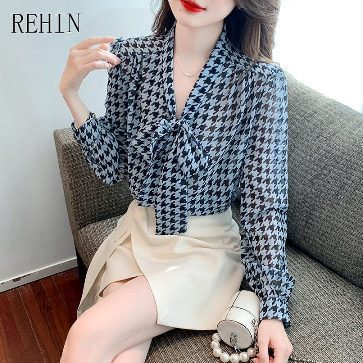 rehin-ผู้หญิงเสื้อแขนยาวฤดูใบไม้ร่วงออกแบบใหม่-niche-collision-houndstooth-พิมพ์ผ้าไหมหม่อน-bow-tie-collar-เสื้อ
