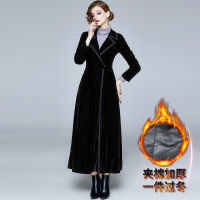 2020 Winter Runway Designer Women Vintage Notched Collar Wrap Black Velvet Maxi Coat Thick Warm Long Trench Coat Outwear