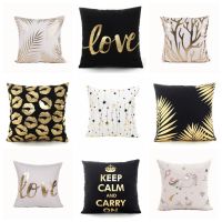 Golden Love Leaves Bronzing Cushion Decorative Pillow Black And White Velvet Pillowcase Home Decor Sofa Throw Pillows 17*17inch