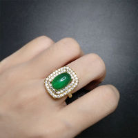 Hot selling imitation green chalcedony ring for women, luxurious square full diamond green jade opening adjustable ring JRR3