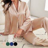 〖Gesh department store〗New 2pcs Woman Satin Pajamas Set Long Sleeve Turn-Down Collar Classical Sleep Top Pants Nightwear Imitation Natural Silk