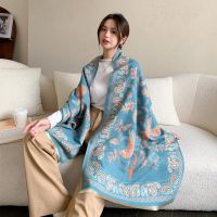 ；【‘；- Autumn Winter New Foulard Flower Print Bufandas 190*65Cm Big Size Shawl Women Scarf Luxury Cashmere Scarves Warm Blanket Wraps