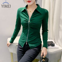 YIMEI เสื้อยืดมีซิปคอปกลดวัยสำหรับผู้หญิง,ฤดูใบไม้ร่วงและฤดูหนาวเข้ารูปลำลองแขนยาวเสื้อโปโลไม่สม่ำเสมอ