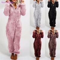 Onesies Fluffy Fleece Jumpsuits Sleepwear Overall Plus Size Hood Sets Pajamas For Women For Winter Warm Pyjamas Women