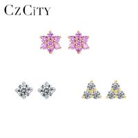 CZCITY Fashion Round Flower Triangle CZ Stud Earrings Sets For Women Fine Jewelry 925 Sterling Silver Pendientes Christmas Gifts