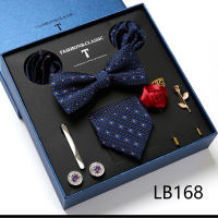 Gift box Mens Tie Gold Plaid Silk Jacquard Bowtie Hanky Cufflink&amp;Clips&amp;Brooch Set Wedding Party Ties For Men Mens Gift