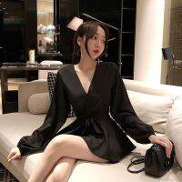 Women Chic Fashion High Waist Fashion V-Neck Long Sleeve Dress