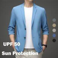 เสื้อสูทสกินแบบเรียบง่ายน้ำหนักเบา UPF 50แขนยาวสำหรับผู้ชายเสื้อคลุมกระชับกับผู้ชายหุ่นบางเสื้อสูทแจ็คเก็ตแสงแดดสำหรับธุรกิจลำลองใหม่ฤดูร้อนเสื้อเบลเซอร์บุรุษ