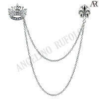 ANGELINO RUFOLO Collar Chain/Lapel Pin ดีไซน์ Crown &amp; Iris คอลล่าเชน โซ่คล้องปกเสื้อโรเดียมคุณภาพเยี่ยม สีเงิน ประดับตกแต่งด้วยคริสตัล