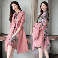 Spring Autumn Trench Coat Slim OL Ladies Trench Coat And Dress Long Women Windbreakers Plus Size Two Pieces Women Sets Outwears