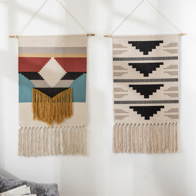【cw】Boho Hanging Tapestry with Handmade Tassels Vintage 8 bit Pixel Novelty Mosaic Space Abstract Drawing Wall Hanging Home Decor
