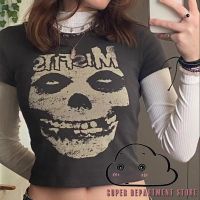 COD Letitia Robbins y2k Women Short Sleeve Tops with Skull Letter Print Vintage Goth Crew Neck Summer Clothing