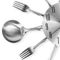 Metal Kitchen Cutlery Wall Clock 14 Inch with Fork Spoon 3D Non Ticking Quartz Watch Clock for Bedroom Home Decor