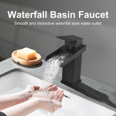 Black Square Basin Taps with Pop up Waste Waterfall Semi-Open Bathroom Sink Taps Brass
