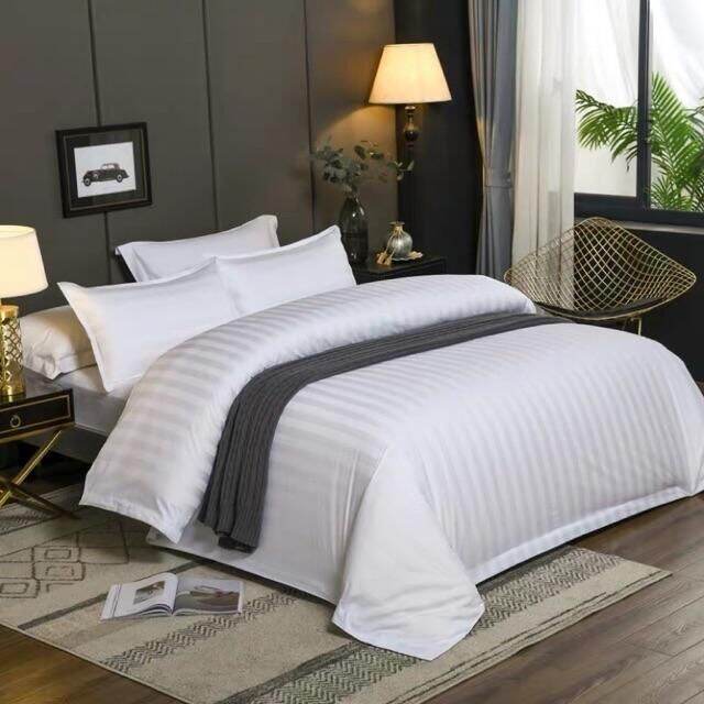 Us Cotton 4In1 Stripe White Bedsheet Set Hotel Quality zipper
