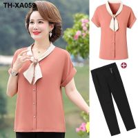 ✟► Mother-in-law summer dress thin section short-sleeved top new chiffon fashion western style belly and show temperament