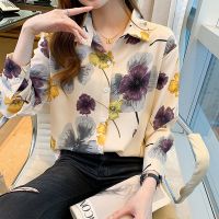 Plain Satin new fashion printed long sleeve floral blouse