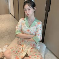 --SY23726✾۞ ice silk jamas womens th short-sed lapel cardigan ghtdress floral pt sweet home clot can be worn outse