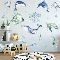 Marine Museum Wall Sticker Hand Painted Watercolor Whale Turtle Decal PVC Living Room Bedroom Decoration Self-adhesive Wallpaper