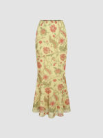 Cider Floral Mesh Ruffle Hem Maxi Skirt